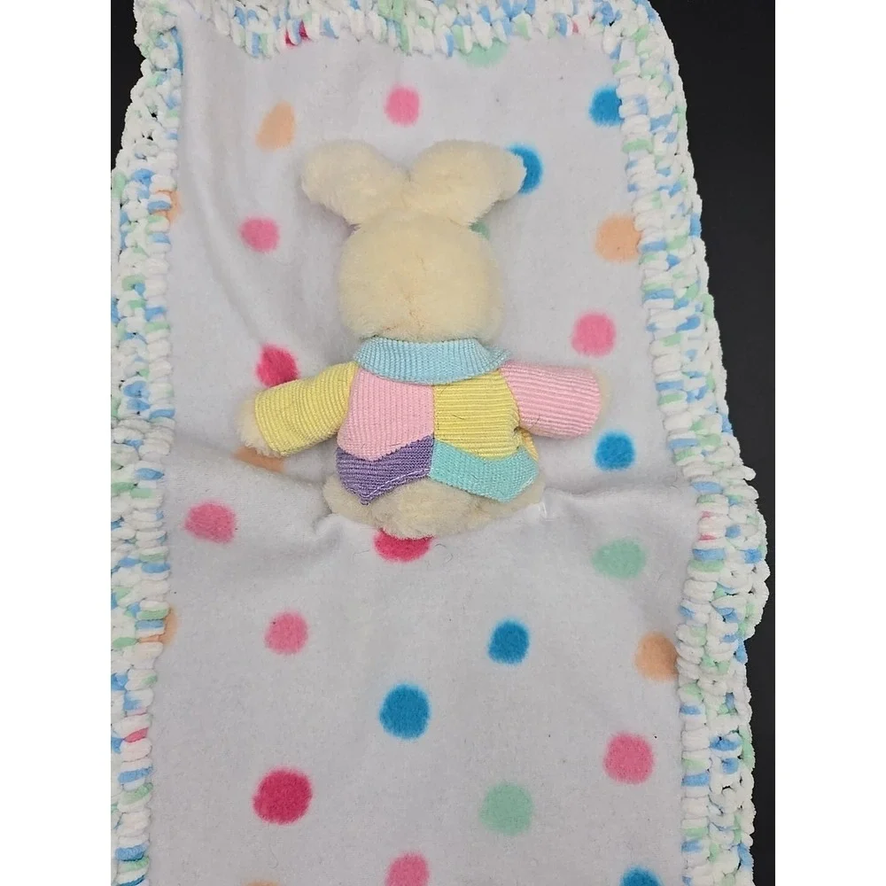 Baby Pastel Crochet Edge Bunny Lovey Blanket‎ Color Block Polka Dot Rabbit
